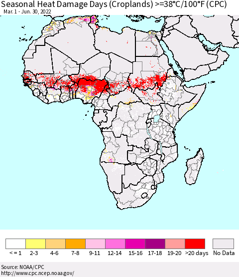 Africa Seasonal Heat Damage Days (Croplands) >=38°C/100°F (CPC) Thematic Map For 3/1/2022 - 6/30/2022