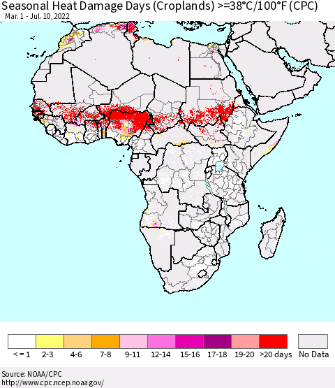 Africa Seasonal Heat Damage Days (Croplands) >=38°C/100°F (CPC) Thematic Map For 3/1/2022 - 7/10/2022
