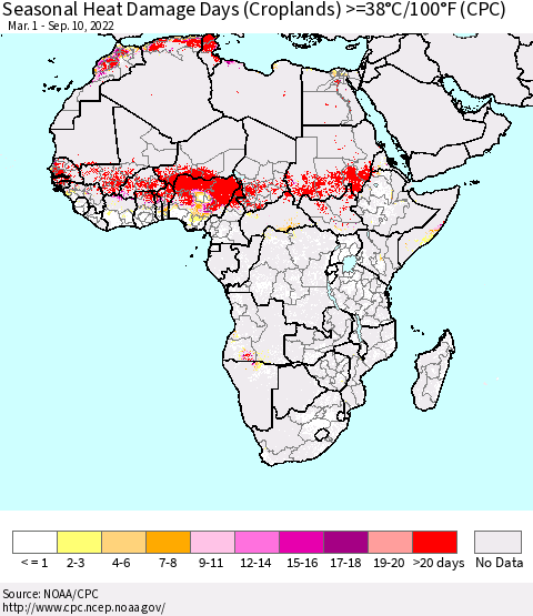 Africa Seasonal Heat Damage Days (Croplands) >=38°C/100°F (CPC) Thematic Map For 3/1/2022 - 9/10/2022