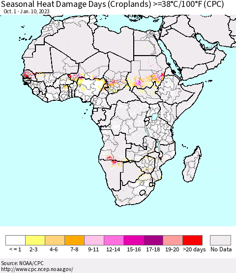 Africa Seasonal Heat Damage Days (Croplands) >=38°C/100°F (CPC) Thematic Map For 10/1/2022 - 1/10/2023