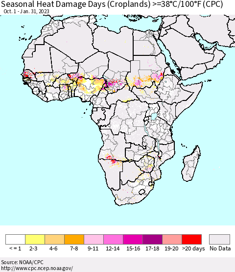 Africa Seasonal Heat Damage Days (Croplands) >=38°C/100°F (CPC) Thematic Map For 10/1/2022 - 1/31/2023