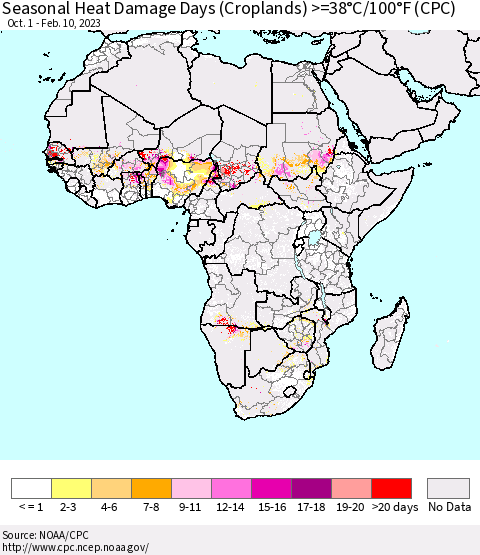 Africa Seasonal Heat Damage Days (Croplands) >=38°C/100°F (CPC) Thematic Map For 10/1/2022 - 2/10/2023