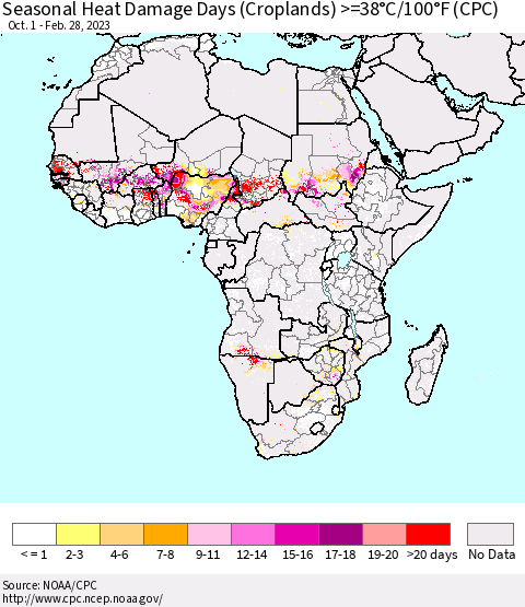 Africa Seasonal Heat Damage Days (Croplands) >=38°C/100°F (CPC) Thematic Map For 10/1/2022 - 2/28/2023