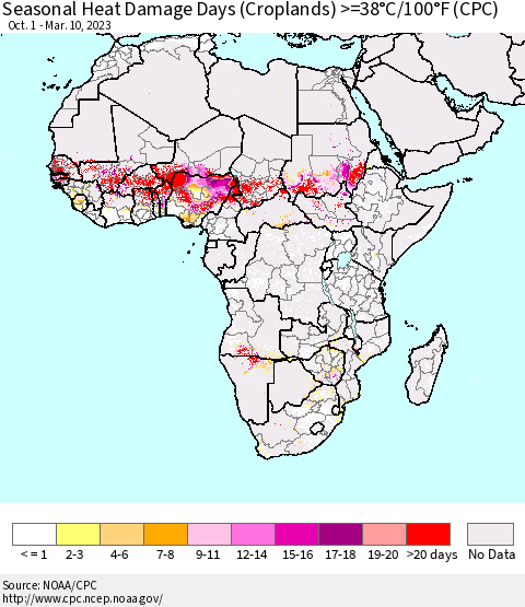 Africa Seasonal Heat Damage Days (Croplands) >=38°C/100°F (CPC) Thematic Map For 10/1/2022 - 3/10/2023
