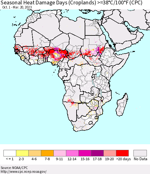 Africa Seasonal Heat Damage Days (Croplands) >=38°C/100°F (CPC) Thematic Map For 10/1/2022 - 3/20/2023