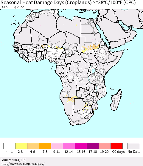 Africa Seasonal Heat Damage Days (Croplands) >=38°C/100°F (CPC) Thematic Map For 10/1/2022 - 10/10/2022