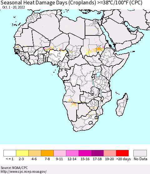 Africa Seasonal Heat Damage Days (Croplands) >=38°C/100°F (CPC) Thematic Map For 10/1/2022 - 10/20/2022