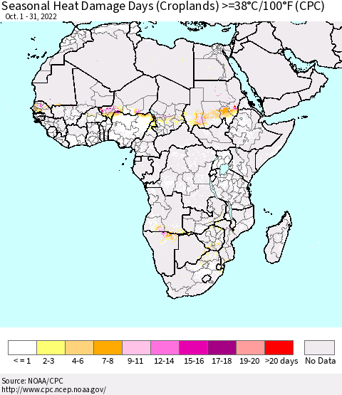 Africa Seasonal Heat Damage Days (Croplands) >=38°C/100°F (CPC) Thematic Map For 10/1/2022 - 10/31/2022