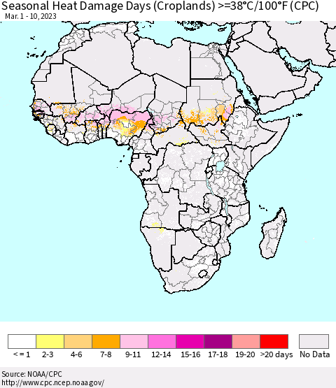 Africa Seasonal Heat Damage Days (Croplands) >=38°C/100°F (CPC) Thematic Map For 3/1/2023 - 3/10/2023