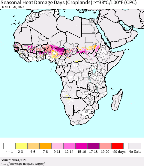 Africa Seasonal Heat Damage Days (Croplands) >=38°C/100°F (CPC) Thematic Map For 3/1/2023 - 3/20/2023