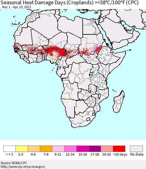 Africa Seasonal Heat Damage Days (Croplands) >=38°C/100°F (CPC) Thematic Map For 3/1/2023 - 4/10/2023