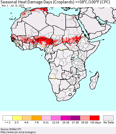 Africa Seasonal Heat Damage Days (Croplands) >=38°C/100°F (CPC) Thematic Map For 3/1/2023 - 7/31/2023
