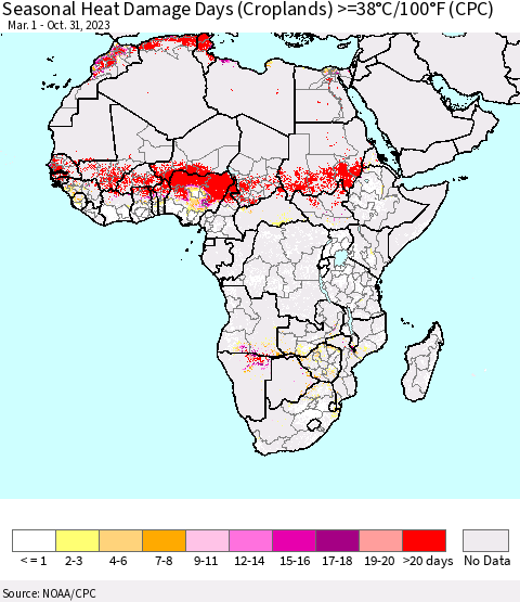 Africa Seasonal Heat Damage Days (Croplands) >=38°C/100°F (CPC) Thematic Map For 3/1/2023 - 10/31/2023