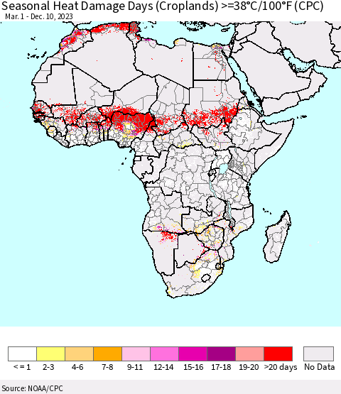 Africa Seasonal Heat Damage Days (Croplands) >=38°C/100°F (CPC) Thematic Map For 3/1/2023 - 12/10/2023