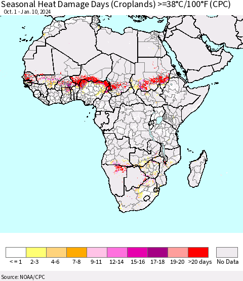 Africa Seasonal Heat Damage Days (Croplands) >=38°C/100°F (CPC) Thematic Map For 10/1/2023 - 1/10/2024