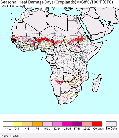 Africa Seasonal Heat Damage Days (Croplands) >=38°C/100°F (CPC) Thematic Map For 10/1/2023 - 2/10/2024