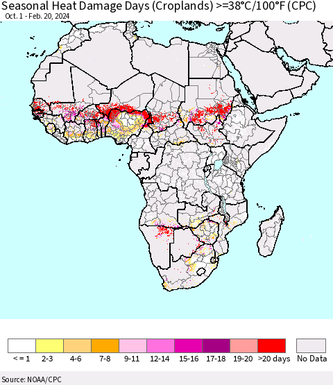 Africa Seasonal Heat Damage Days (Croplands) >=38°C/100°F (CPC) Thematic Map For 10/1/2023 - 2/20/2024