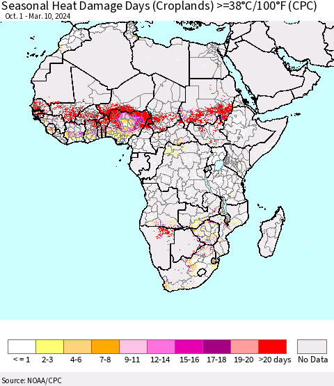 Africa Seasonal Heat Damage Days (Croplands) >=38°C/100°F (CPC) Thematic Map For 10/1/2023 - 3/10/2024