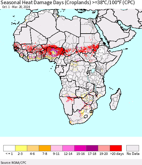 Africa Seasonal Heat Damage Days (Croplands) >=38°C/100°F (CPC) Thematic Map For 10/1/2023 - 3/20/2024