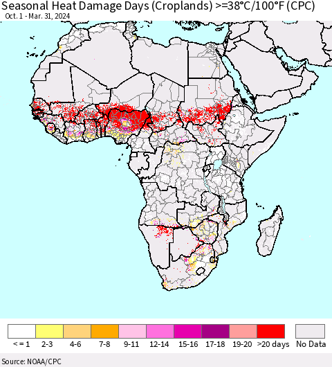 Africa Seasonal Heat Damage Days (Croplands) >=38°C/100°F (CPC) Thematic Map For 10/1/2023 - 3/31/2024
