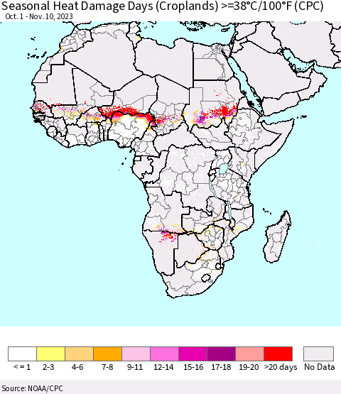Africa Seasonal Heat Damage Days (Croplands) >=38°C/100°F (CPC) Thematic Map For 10/1/2023 - 11/10/2023