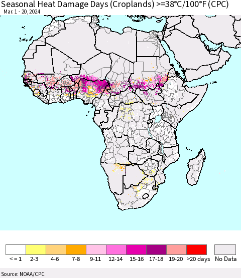 Africa Seasonal Heat Damage Days (Croplands) >=38°C/100°F (CPC) Thematic Map For 3/1/2024 - 3/20/2024