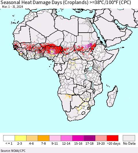 Africa Seasonal Heat Damage Days (Croplands) >=38°C/100°F (CPC) Thematic Map For 3/1/2024 - 3/31/2024