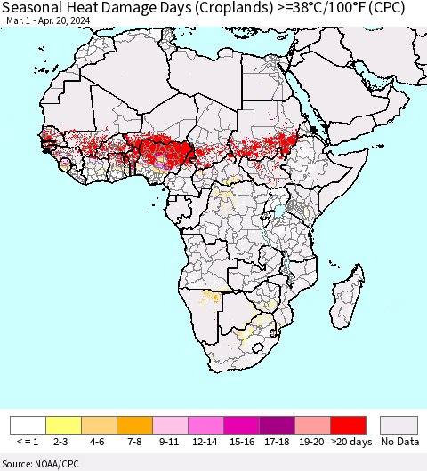 Africa Seasonal Heat Damage Days (Croplands) >=38°C/100°F (CPC) Thematic Map For 3/1/2024 - 4/20/2024