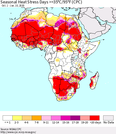 Africa Seasonal Heat Stress Days >=35°C/95°F (CPC) Thematic Map For 10/1/2019 - 1/10/2020