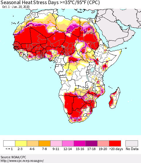 Africa Seasonal Heat Stress Days >=35°C/95°F (CPC) Thematic Map For 10/1/2019 - 1/20/2020