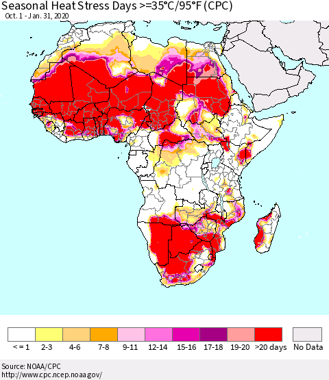 Africa Seasonal Heat Stress Days >=35°C/95°F (CPC) Thematic Map For 10/1/2019 - 1/31/2020