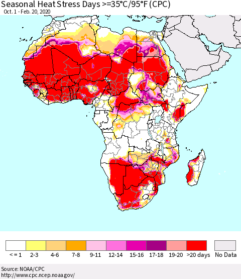 Africa Seasonal Heat Stress Days >=35°C/95°F (CPC) Thematic Map For 10/1/2019 - 2/20/2020