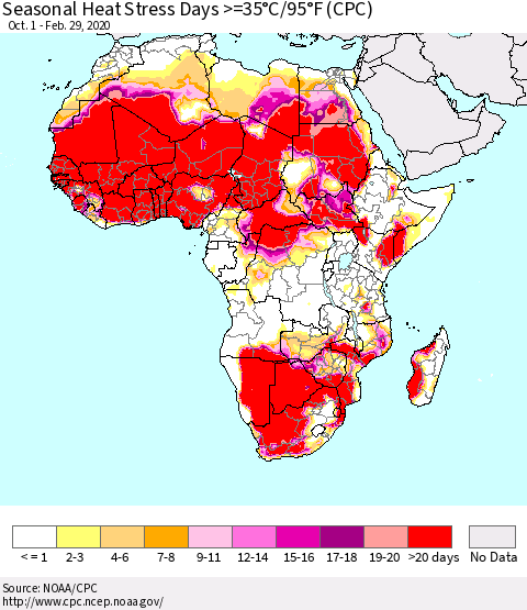 Africa Seasonal Heat Stress Days >=35°C/95°F (CPC) Thematic Map For 10/1/2019 - 2/29/2020