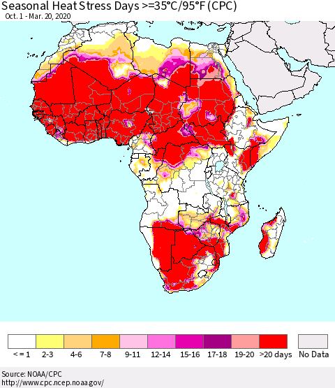 Africa Seasonal Heat Stress Days >=35°C/95°F (CPC) Thematic Map For 10/1/2019 - 3/20/2020