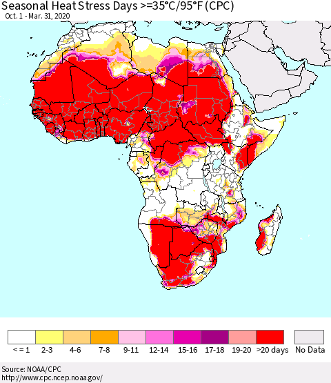 Africa Seasonal Heat Stress Days >=35°C/95°F (CPC) Thematic Map For 10/1/2019 - 3/31/2020