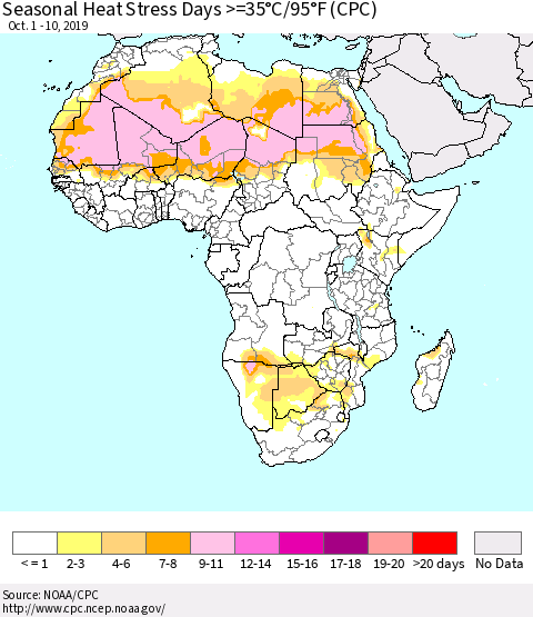 Africa Seasonal Heat Stress Days >=35°C/95°F (CPC) Thematic Map For 10/1/2019 - 10/10/2019