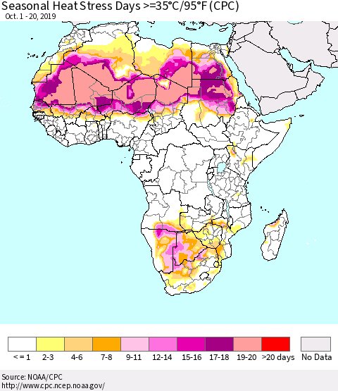 Africa Seasonal Heat Stress Days >=35°C/95°F (CPC) Thematic Map For 10/1/2019 - 10/20/2019
