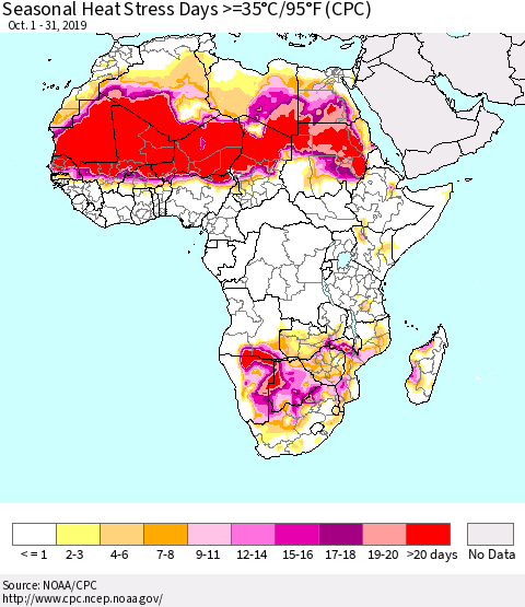 Africa Seasonal Heat Stress Days >=35°C/95°F (CPC) Thematic Map For 10/1/2019 - 10/31/2019