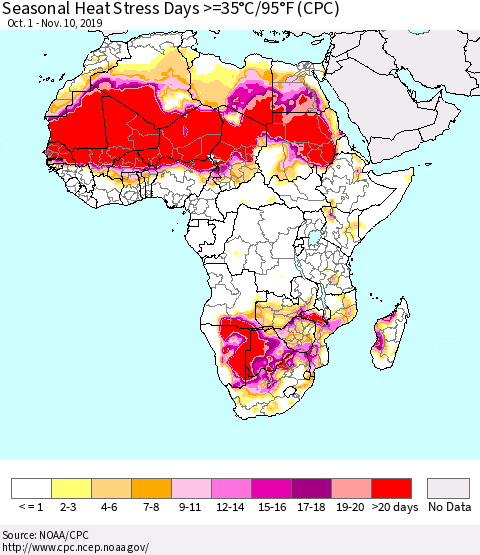 Africa Seasonal Heat Stress Days >=35°C/95°F (CPC) Thematic Map For 10/1/2019 - 11/10/2019