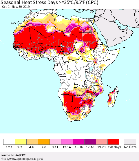 Africa Seasonal Heat Stress Days >=35°C/95°F (CPC) Thematic Map For 10/1/2019 - 11/30/2019