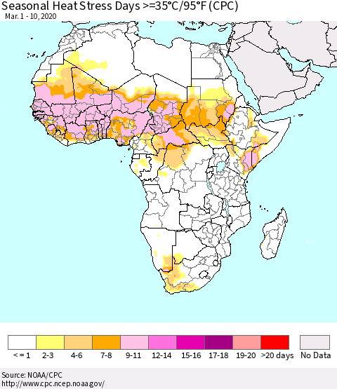 Africa Seasonal Heat Stress Days >=35°C/95°F (CPC) Thematic Map For 3/1/2020 - 3/10/2020