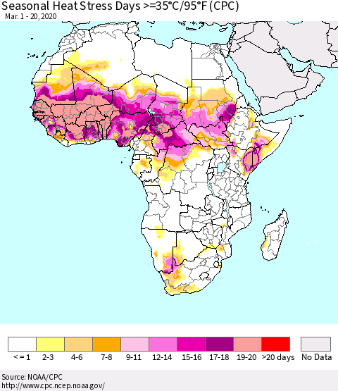 Africa Seasonal Heat Stress Days >=35°C/95°F (CPC) Thematic Map For 3/1/2020 - 3/20/2020