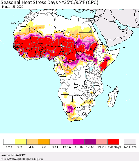 Africa Seasonal Heat Stress Days >=35°C/95°F (CPC) Thematic Map For 3/1/2020 - 3/31/2020