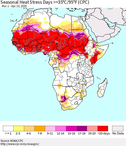 Africa Seasonal Heat Stress Days >=35°C/95°F (CPC) Thematic Map For 3/1/2020 - 4/10/2020