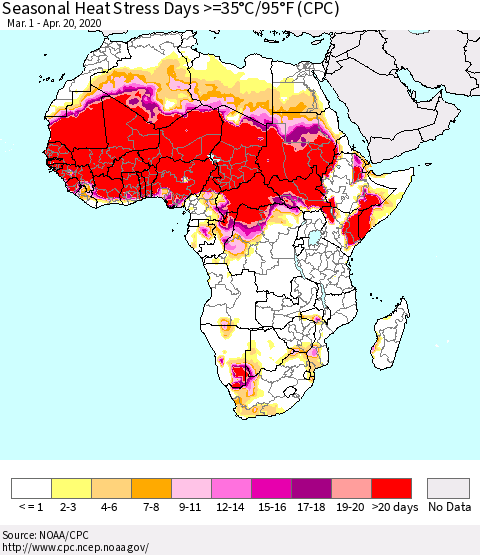 Africa Seasonal Heat Stress Days >=35°C/95°F (CPC) Thematic Map For 3/1/2020 - 4/20/2020