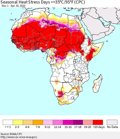 Africa Seasonal Heat Stress Days >=35°C/95°F (CPC) Thematic Map For 3/1/2020 - 4/30/2020