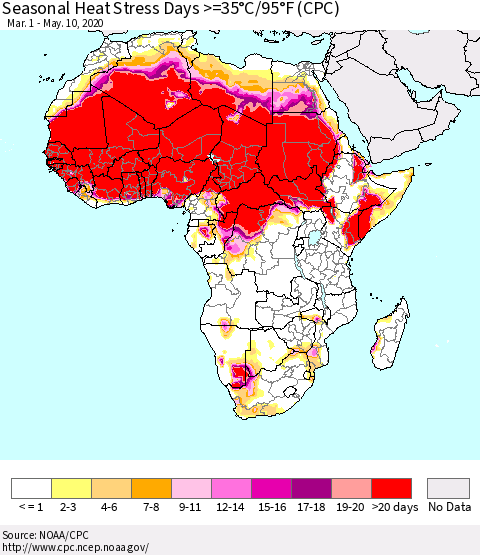 Africa Seasonal Heat Stress Days >=35°C/95°F (CPC) Thematic Map For 3/1/2020 - 5/10/2020