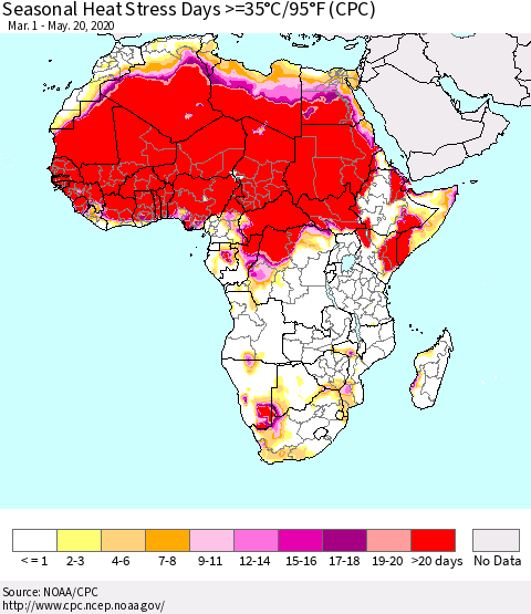 Africa Seasonal Heat Stress Days >=35°C/95°F (CPC) Thematic Map For 3/1/2020 - 5/20/2020