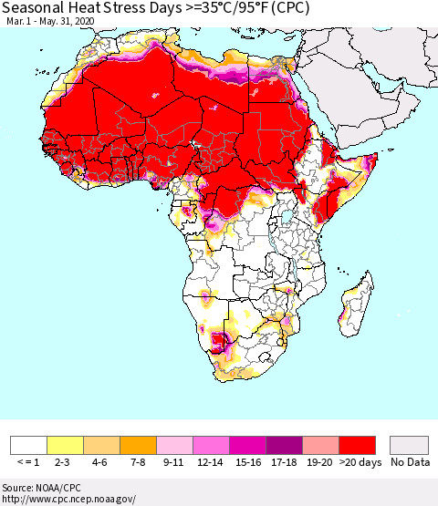Africa Seasonal Heat Stress Days >=35°C/95°F (CPC) Thematic Map For 3/1/2020 - 5/31/2020