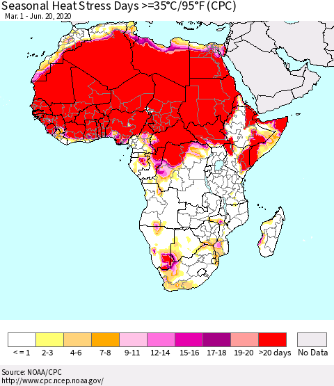 Africa Seasonal Heat Stress Days >=35°C/95°F (CPC) Thematic Map For 3/1/2020 - 6/20/2020